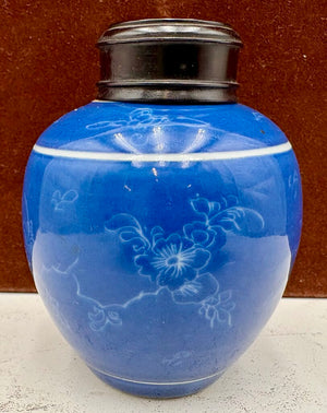 19th Century Chinese Monochrome Royal Blue Glazed Floral Motif Rosewood Lidded Mini Ginger Jar