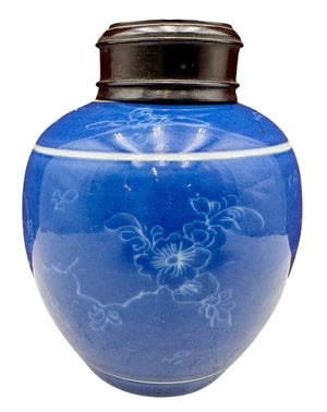 19th Century Chinese Monochrome Royal Blue Glazed Floral Motif Rosewood Lidded Mini Ginger Jar