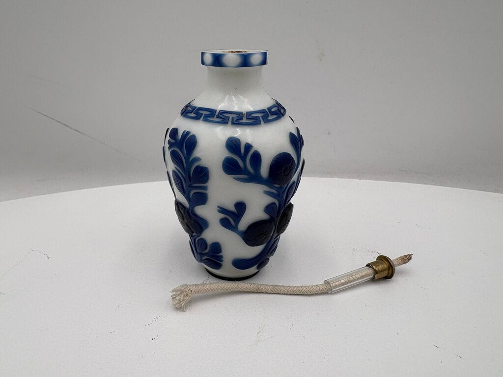 Early 20th Century Chinese White Blue Floral Peking Glass Snuff Bottle Mini Oil Lamp Conversion