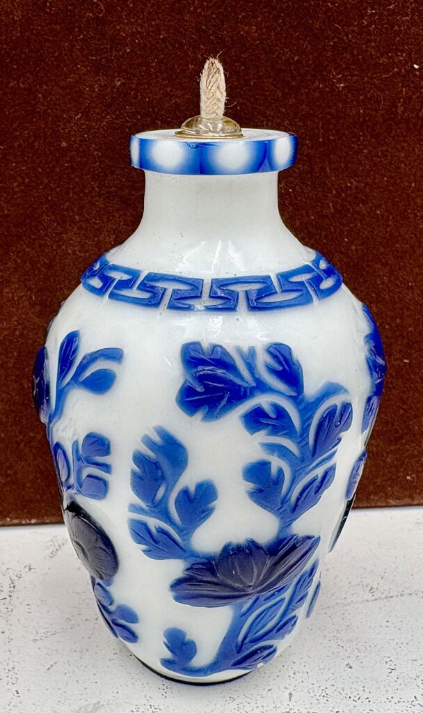 Early 20th Century Chinese White Blue Floral Peking Glass Snuff Bottle Mini Oil Lamp Conversion