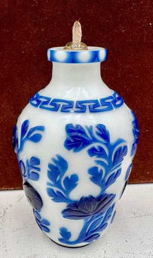 Early 20th Century Chinese White Blue Floral Peking Glass Snuff Bottle Mini Oil Lamp Conversion