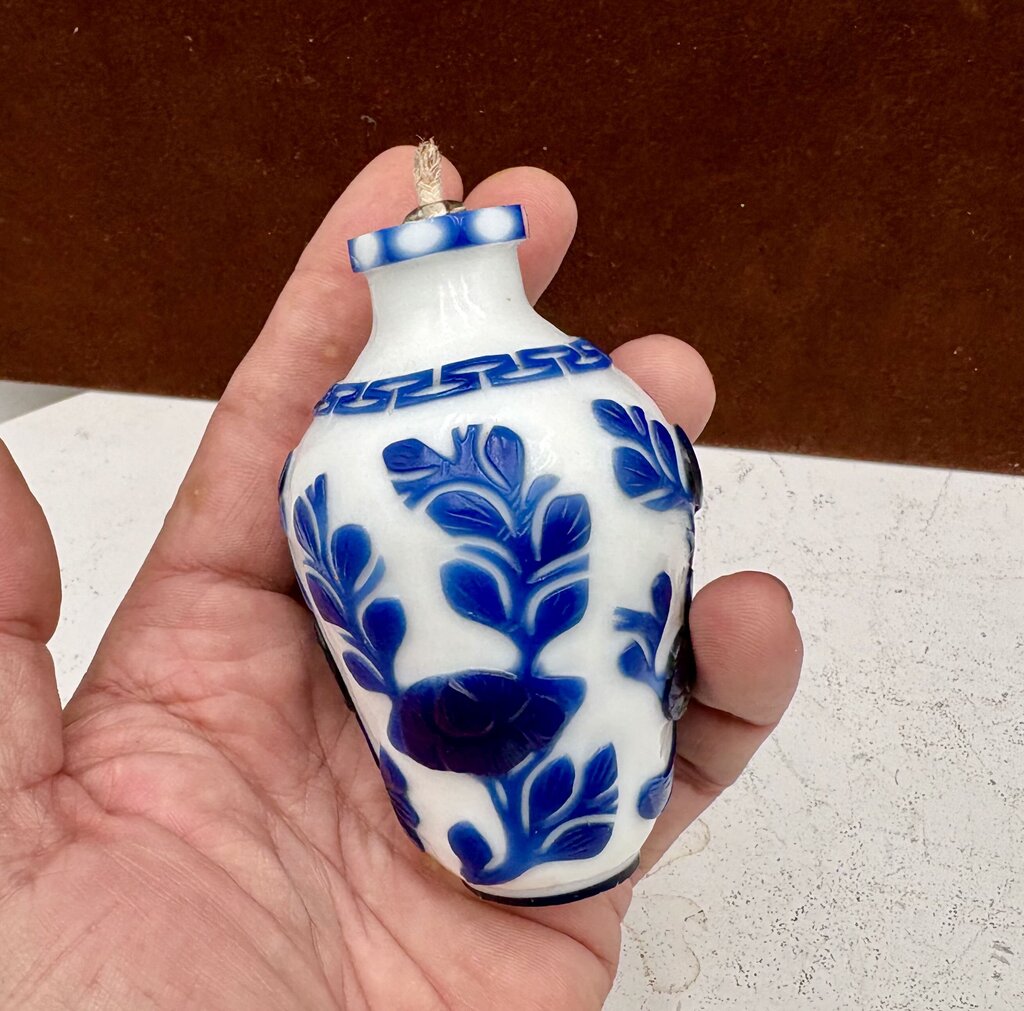 Early 20th Century Chinese White Blue Floral Peking Glass Snuff Bottle Mini Oil Lamp Conversion
