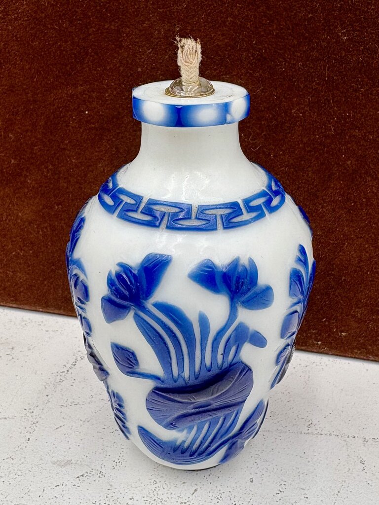 Early 20th Century Chinese White Blue Floral Peking Glass Snuff Bottle Mini Oil Lamp Conversion