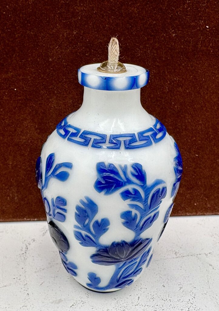 Early 20th Century Chinese White Blue Floral Peking Glass Snuff Bottle Mini Oil Lamp Conversion