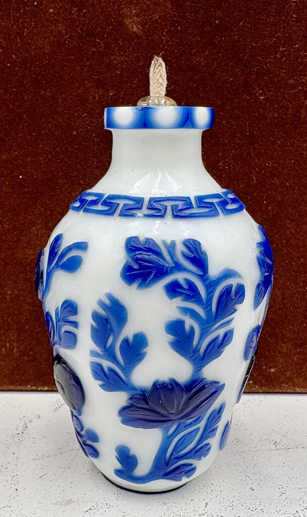 Early 20th Century Chinese White Blue Floral Peking Glass Snuff Bottle Mini Oil Lamp Conversion