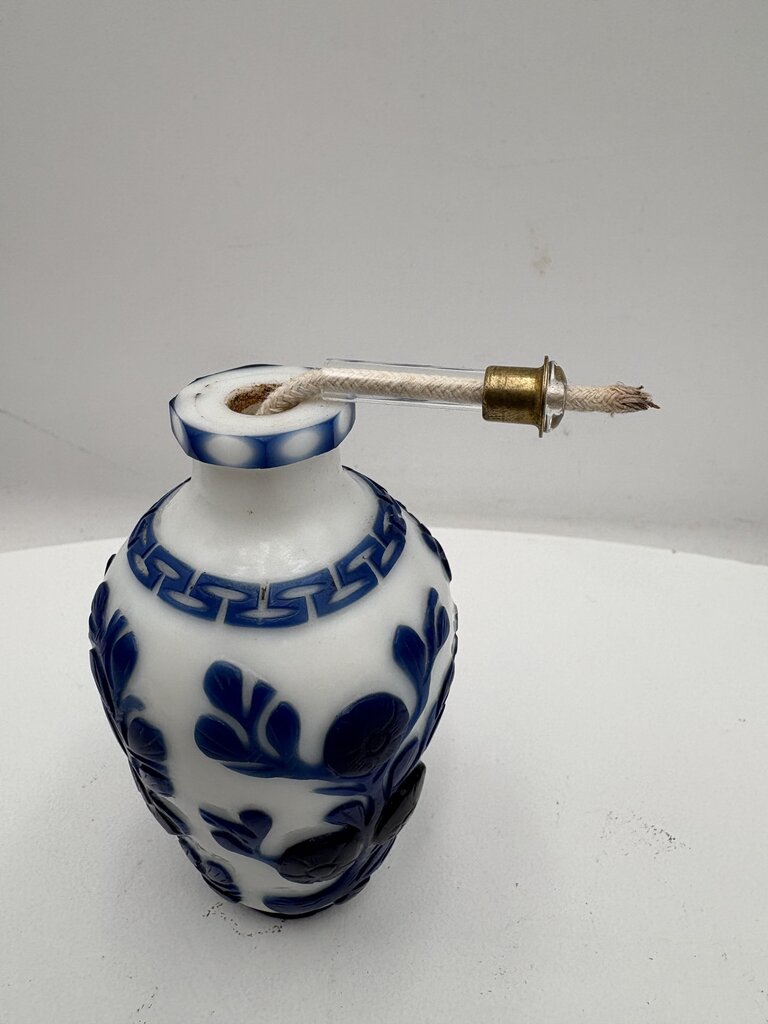 Early 20th Century Chinese White Blue Floral Peking Glass Snuff Bottle Mini Oil Lamp Conversion