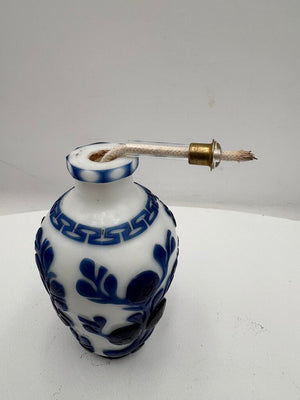 Early 20th Century Chinese White Blue Floral Peking Glass Snuff Bottle Mini Oil Lamp Conversion