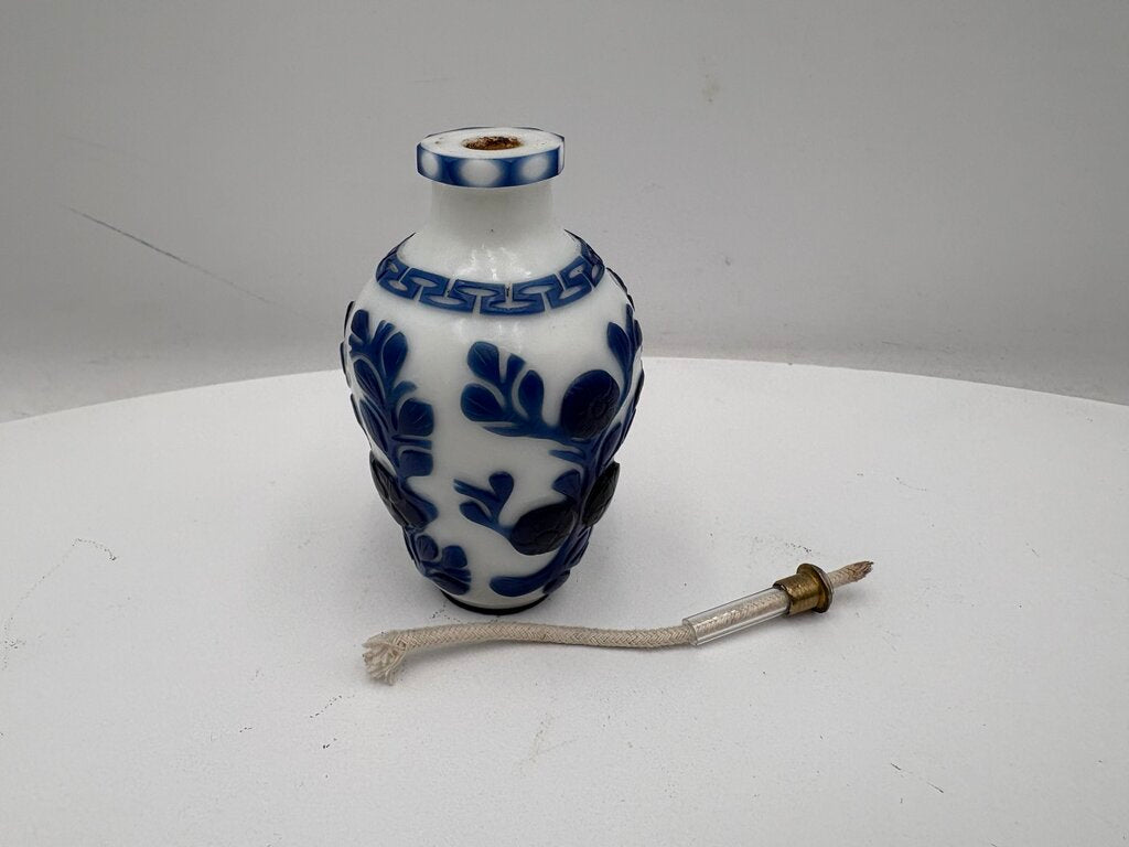 Early 20th Century Chinese White Blue Floral Peking Glass Snuff Bottle Mini Oil Lamp Conversion
