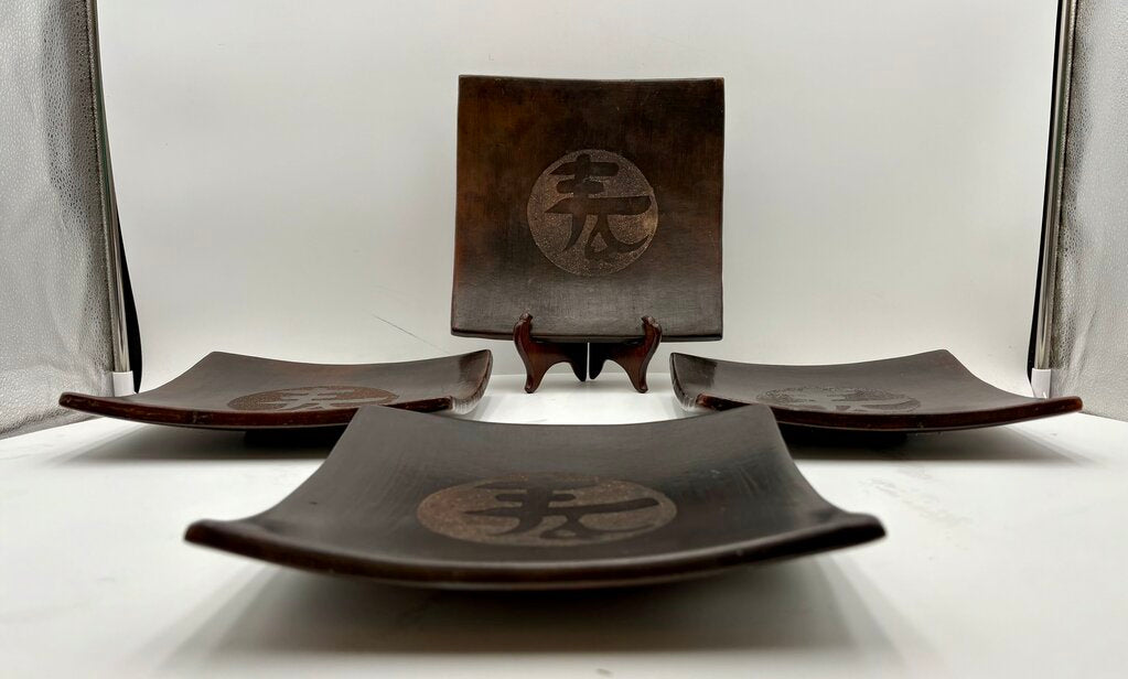 Japanese Square Brown Clay Etched Center Symbol Sushi Plates 8" (4Pcs)