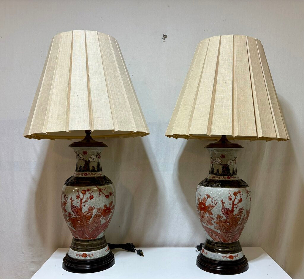 MCM Japanese Kutani Style Raised Relief Floral Ceramic Crackle Glaze Vase Table Lamp (PAIR)