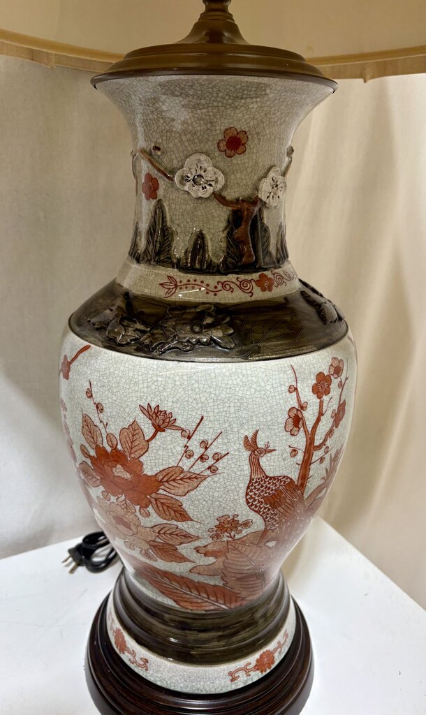 MCM Japanese Kutani Style Raised Relief Floral Ceramic Crackle Glaze Vase Table Lamp (PAIR)