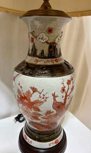MCM Japanese Kutani Style Raised Relief Floral Ceramic Crackle Glaze Vase Table Lamp (PAIR)