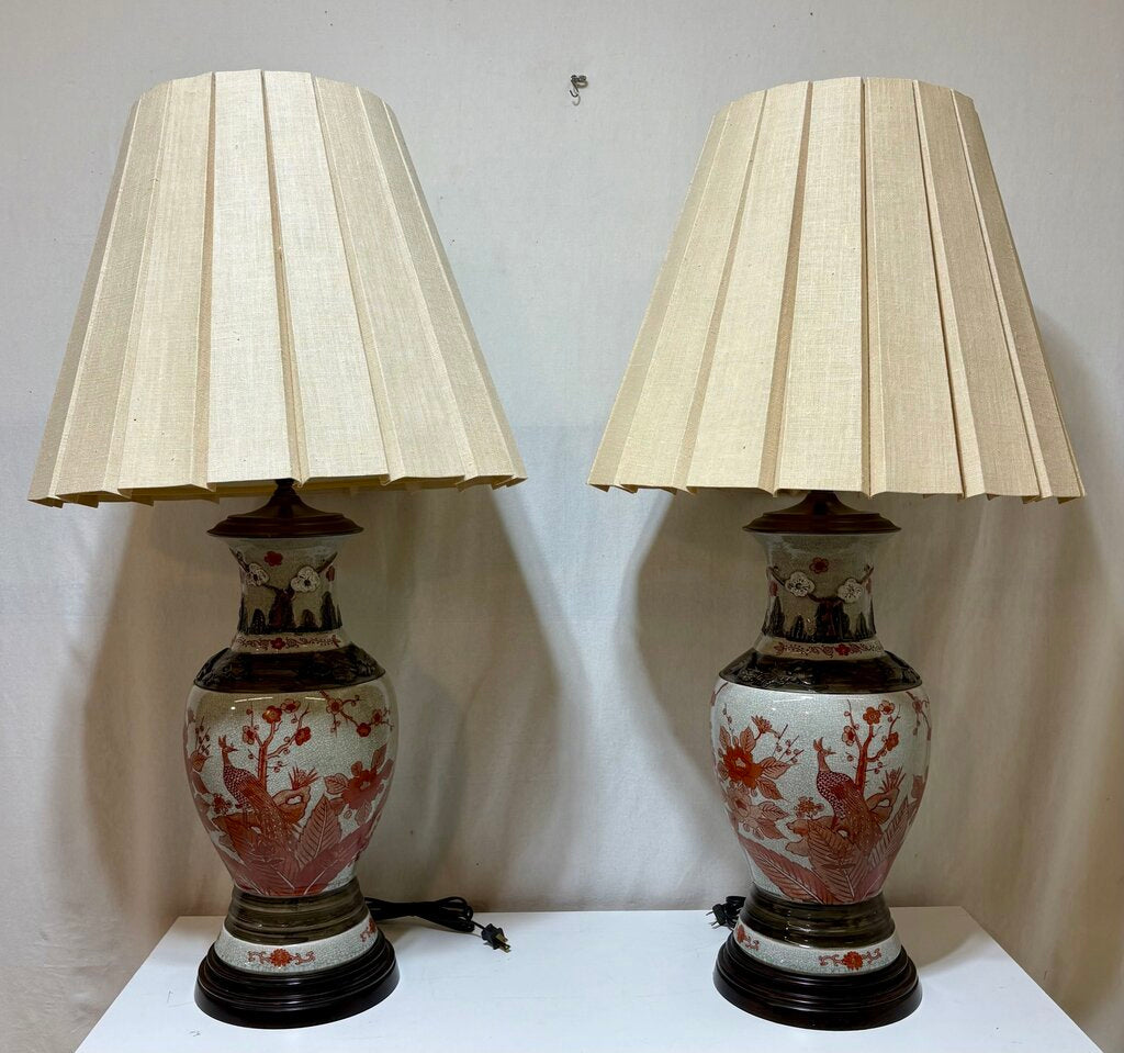 MCM Japanese Kutani Style Raised Relief Floral Ceramic Crackle Glaze Vase Table Lamp (PAIR)