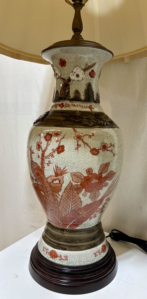 MCM Japanese Kutani Style Raised Relief Floral Ceramic Crackle Glaze Vase Table Lamp (PAIR)