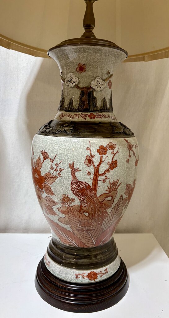 MCM Japanese Kutani Style Raised Relief Floral Ceramic Crackle Glaze Vase Table Lamp (PAIR)