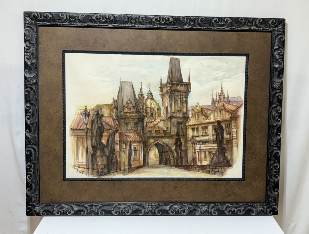 Artist Unknown 2004' Original Watercolor The Charles Bridge Prague Czech Republic