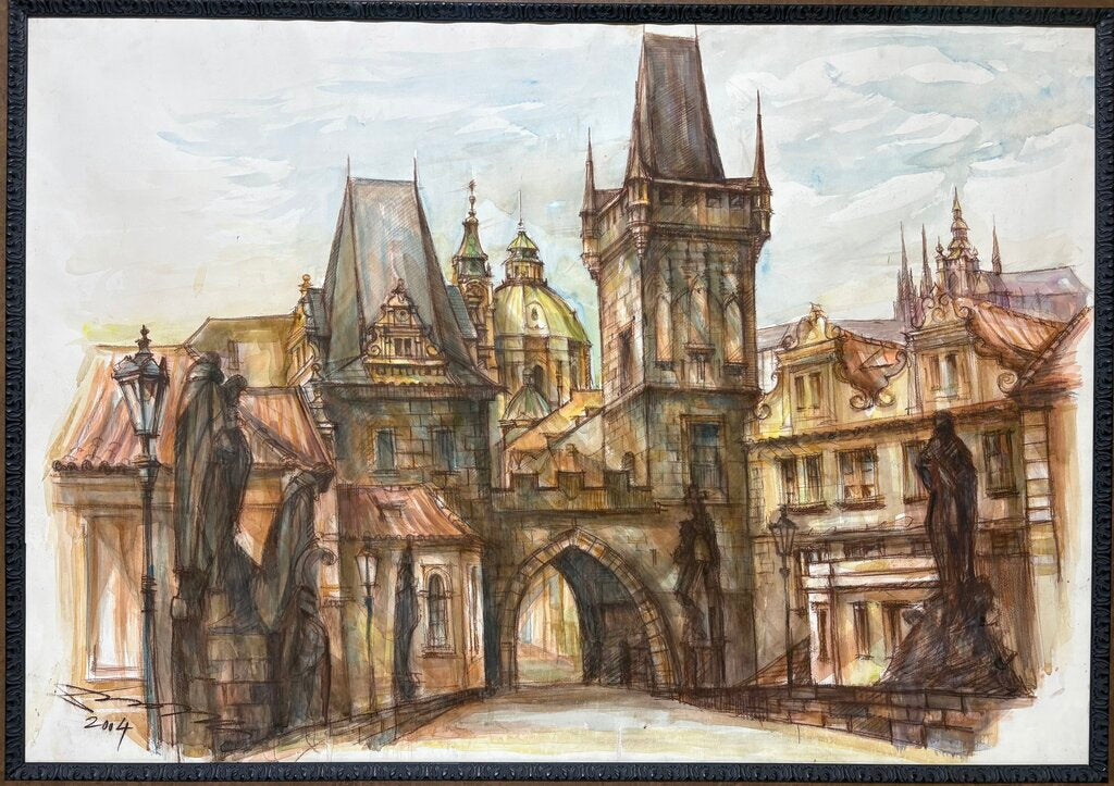 Artist Unknown 2004' Original Watercolor The Charles Bridge Prague Czech Republic