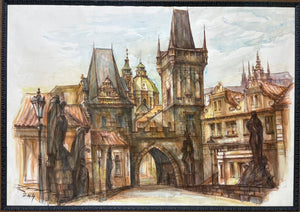 Artist Unknown 2004' Original Watercolor The Charles Bridge Prague Czech Republic