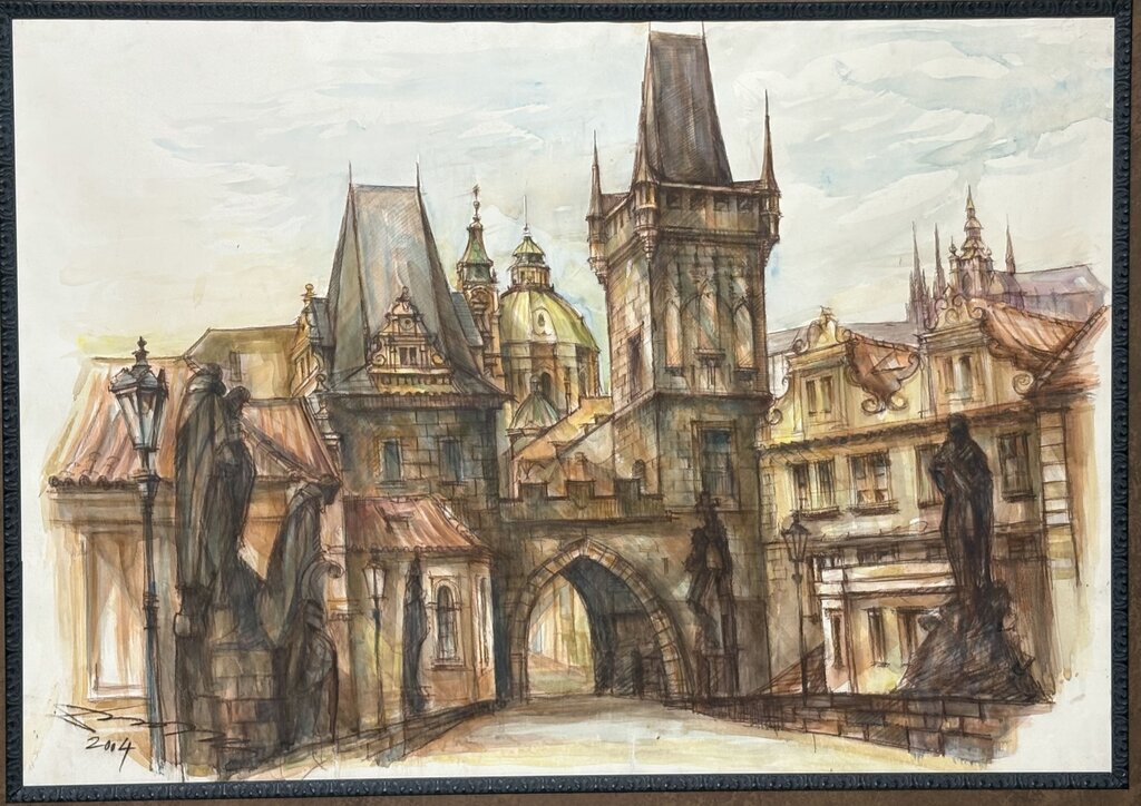 Artist Unknown 2004' Original Watercolor The Charles Bridge Prague Czech Republic