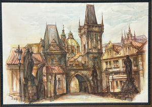 Artist Unknown 2004' Original Watercolor The Charles Bridge Prague Czech Republic