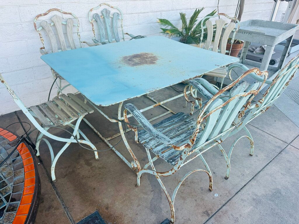 French Patio Metal & Wood Dining Set (table + 6 chairs ) 43x55