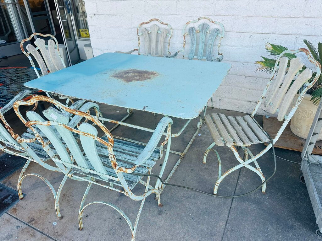 French Patio Metal & Wood Dining Set (table + 6 chairs ) 43x55