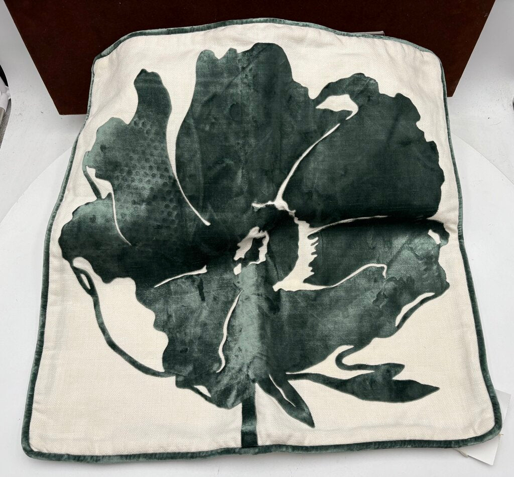Custom Cotton Piped Green Flocked Flower on Ivory Pillow Cover