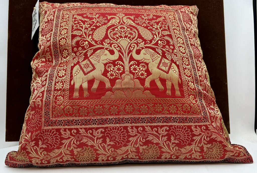 Macy's Red & Gold Silk Cotton Elephant Motif Pillow