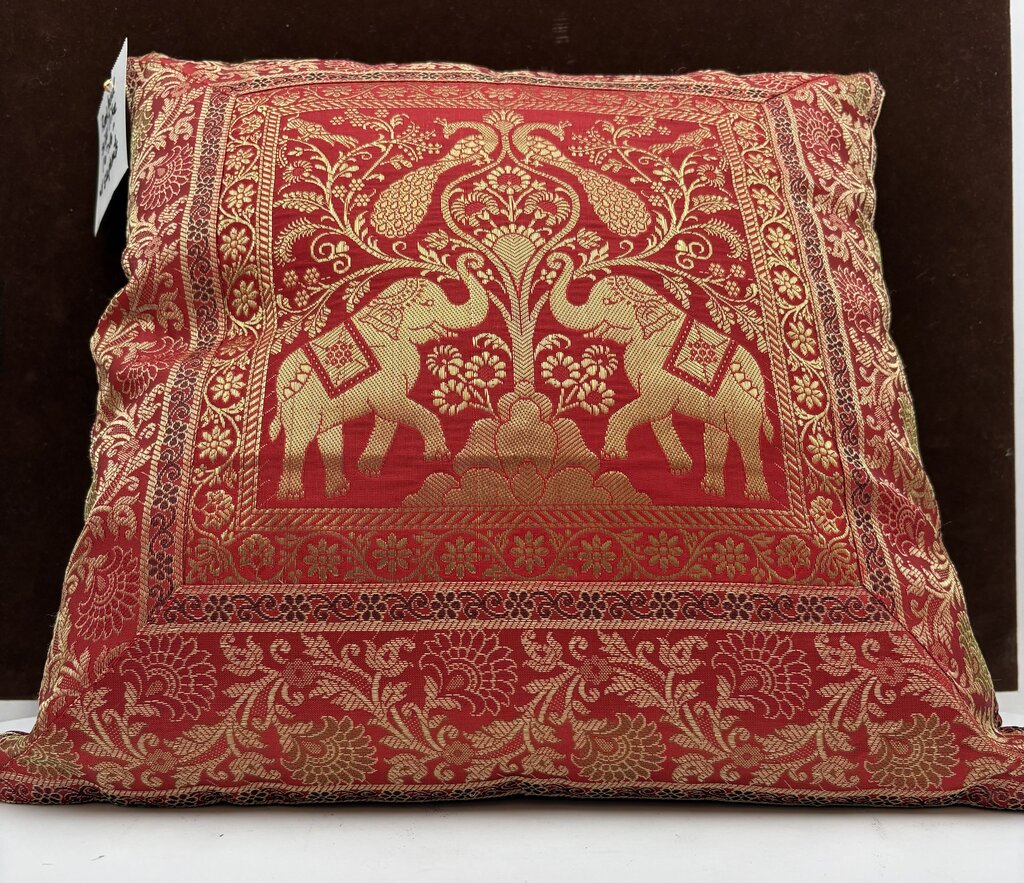Macy's Red & Gold Silk Cotton Elephant Motif Pillow