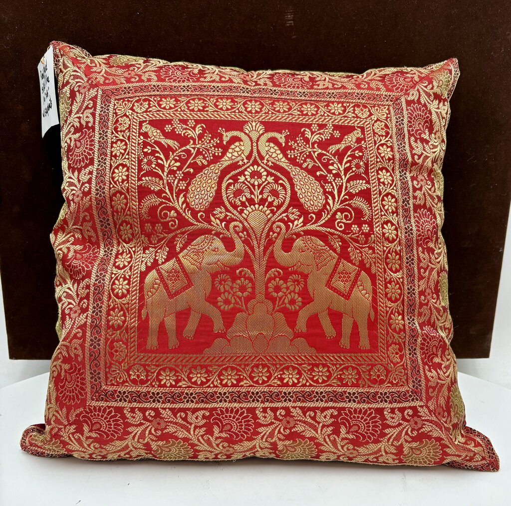 Macy's Red & Gold Silk Cotton Elephant Motif Pillow