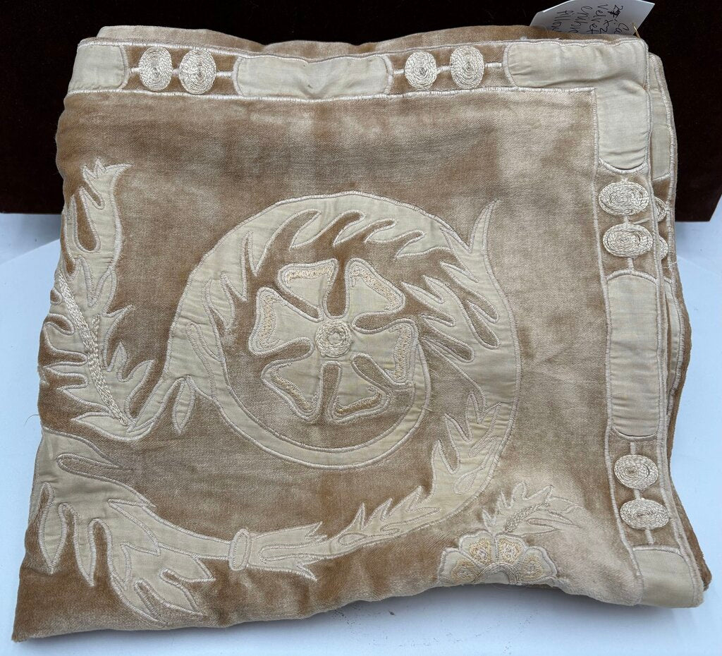 Callisto Home Golden Plush Velvet Floral Embroidered Pillow Cover