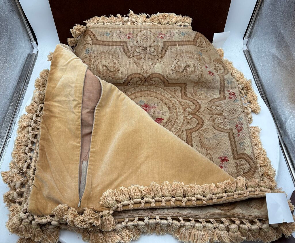 Gerry Nichol Company Gold Needle Point Floral Medallion Fringed Pillow Sham