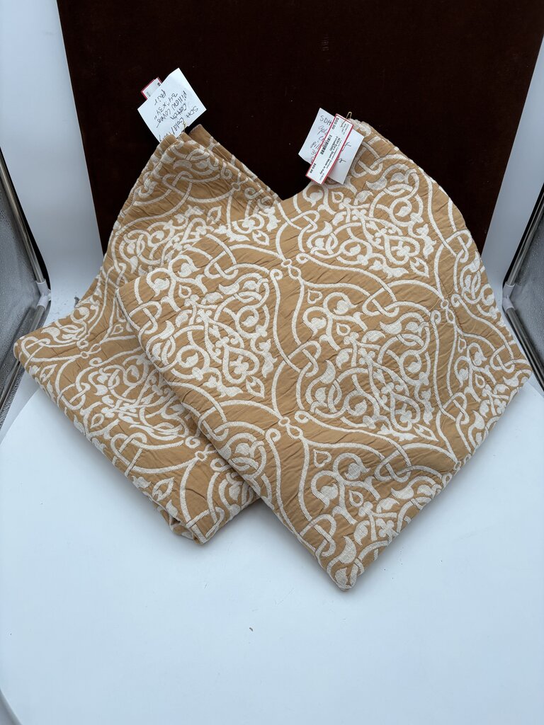 S.D.H. Italy Gold & Ivory Textured Damask Medallion Weave Pattern on Satin Pillow Shams (PAIR)