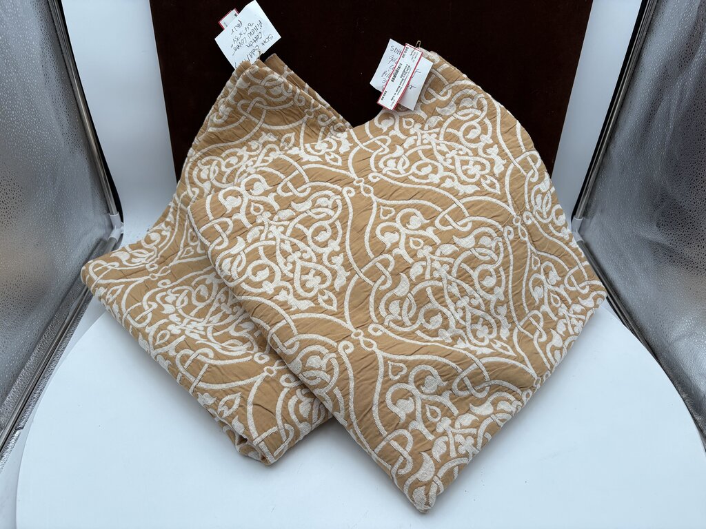 S.D.H. Italy Gold & Ivory Textured Damask Medallion Weave Pattern on Satin Pillow Shams (PAIR)