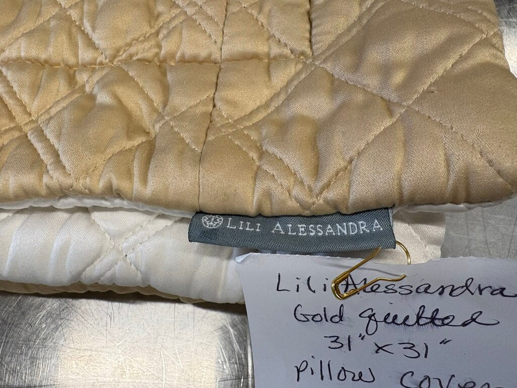 Lili Alessandra Gold & White Polyester & Cotton Quilted Double Diamond Pillow Cover