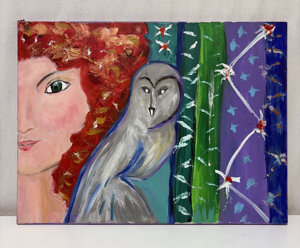 Unsigned Oil on Canvas Student Art Woman with Owl