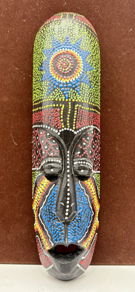 African Colorfully Painted Carved Wood Mask Wall Hanging
