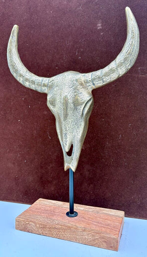 Brass Cast Buffalo Skull Sculpture on Iron & Wood Stand