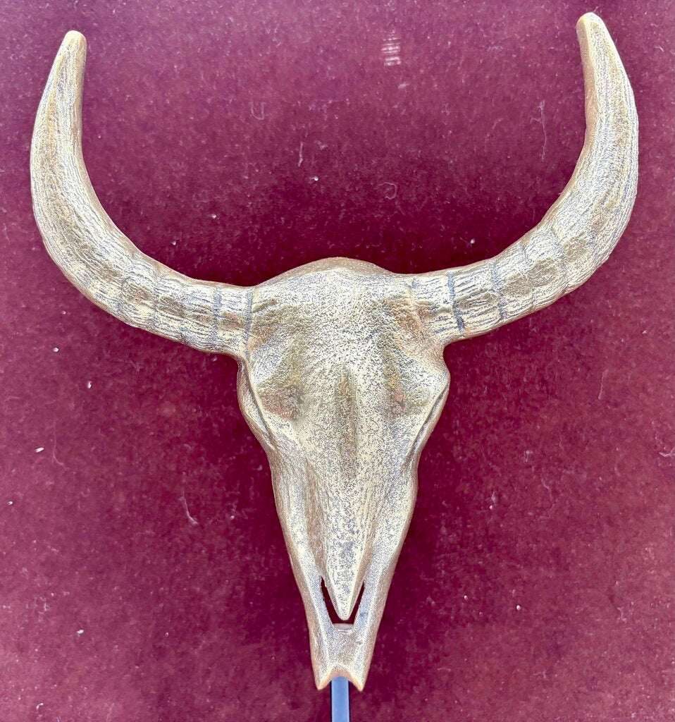 Brass Cast Buffalo Skull Sculpture on Iron & Wood Stand