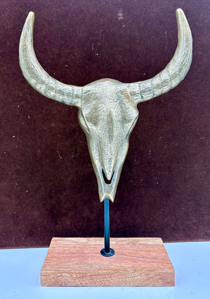 Brass Cast Buffalo Skull Sculpture on Iron & Wood Stand