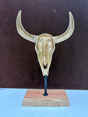 Brass Cast Buffalo Skull Sculpture on Iron & Wood Stand