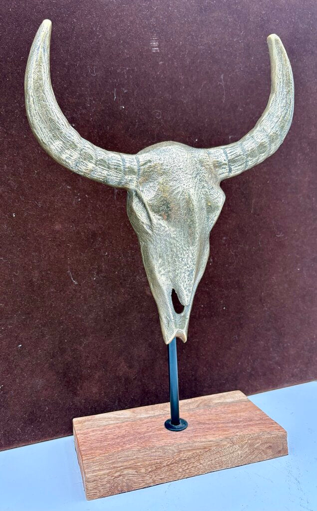 Brass Cast Buffalo Skull Sculpture on Iron & Wood Stand