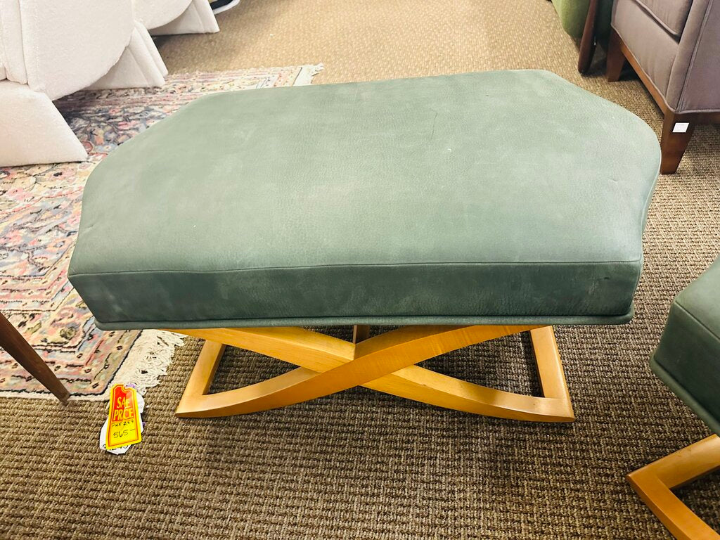 Donghia Versaille Green Leather Blonde Wood Ottoman Orig. $2400