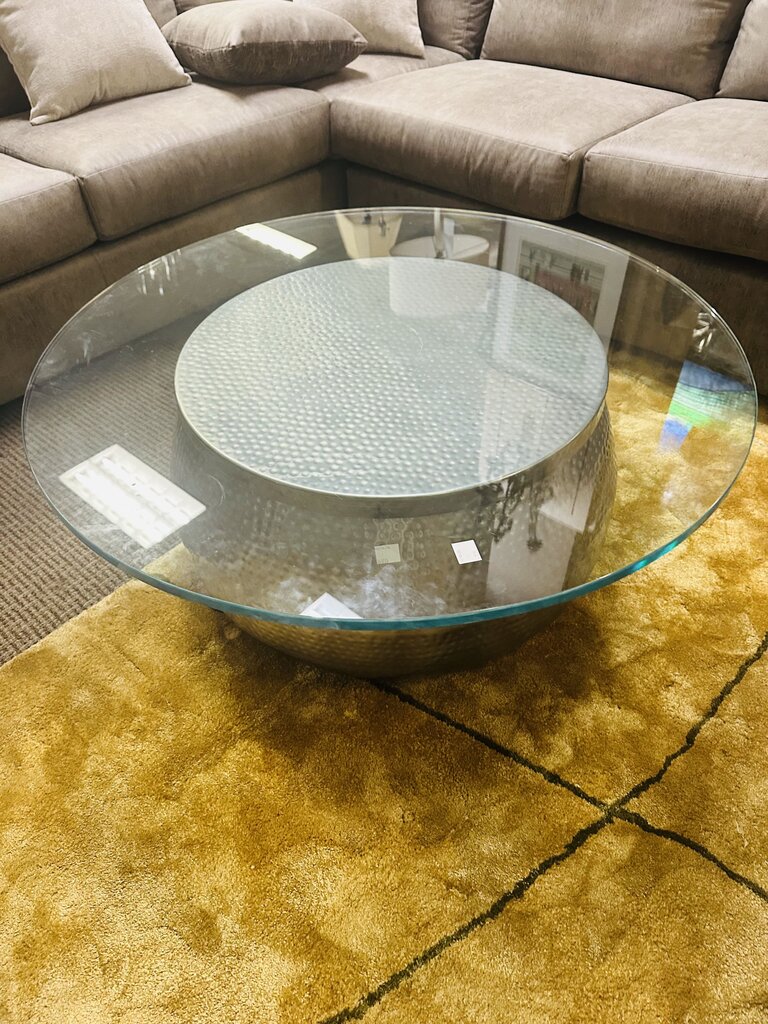 Round Hammered Base Glass Top Coffee Table 42x16