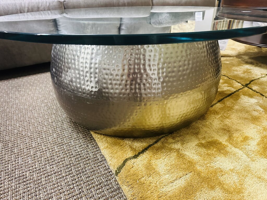 Round Hammered Base Glass Top Coffee Table 42x16