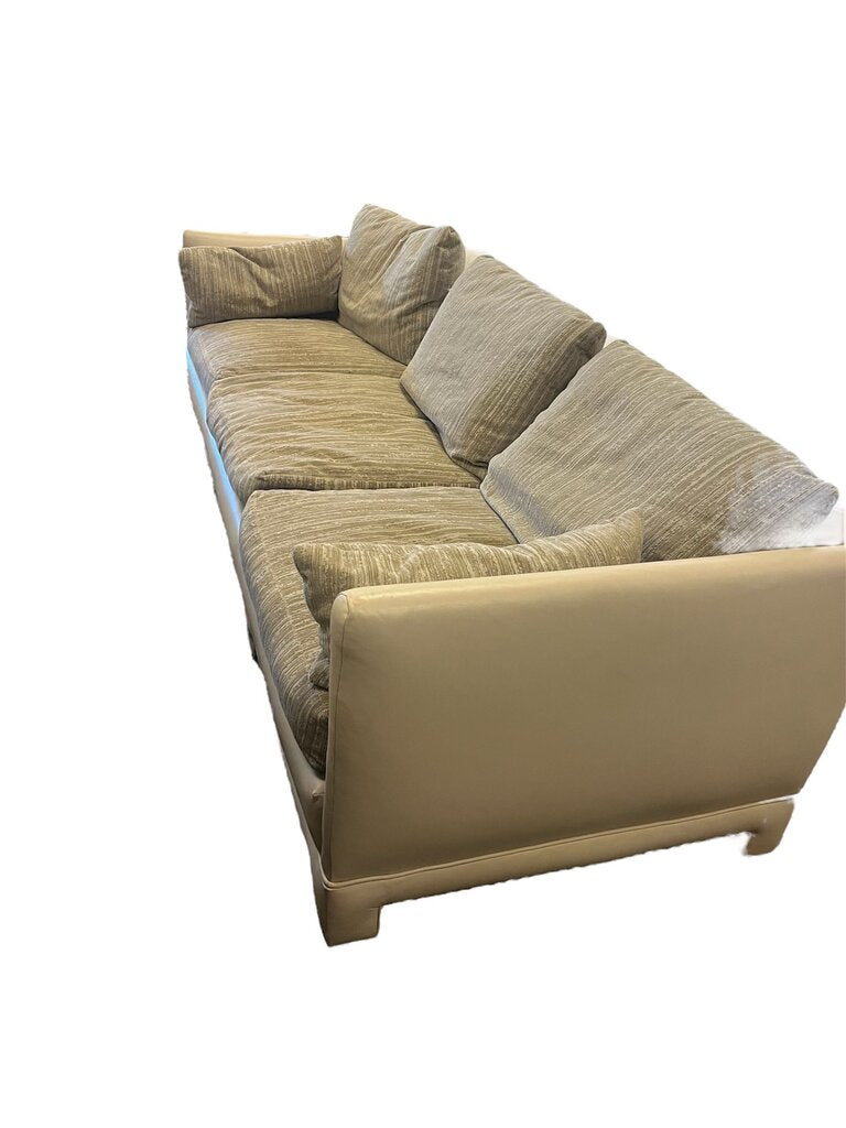 Tan Leather Frame Custom Sofa Martin Manrique Chenille Cushions by Miss Daisy's Consignment & Auction House