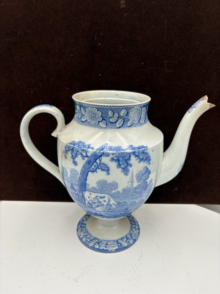 Early 19th C. Staffordshire Blue White Pastoral Scene Coffee Pot