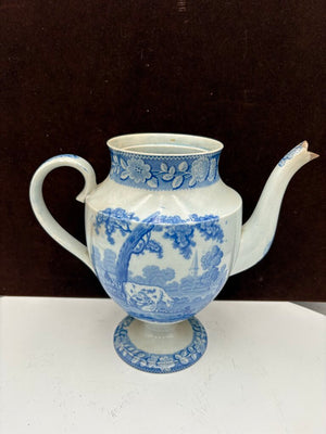 Early 19th C. Staffordshire Blue White Pastoral Scene Coffee Pot