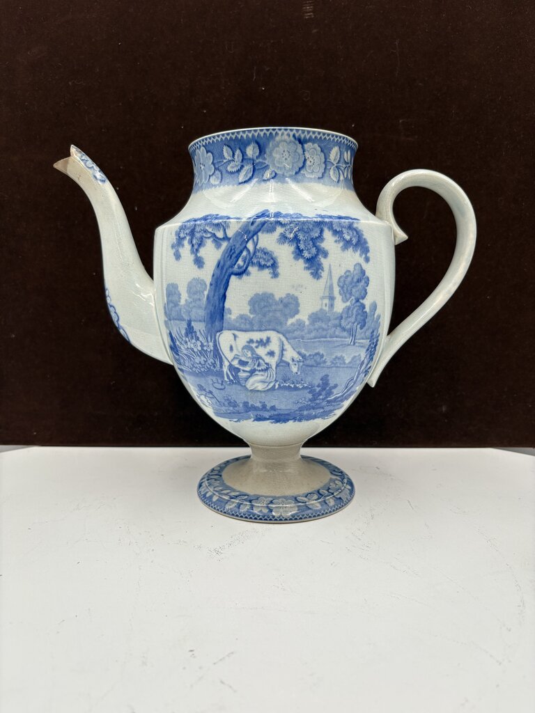 Early 19th C. Staffordshire Blue White Pastoral Scene Coffee Pot