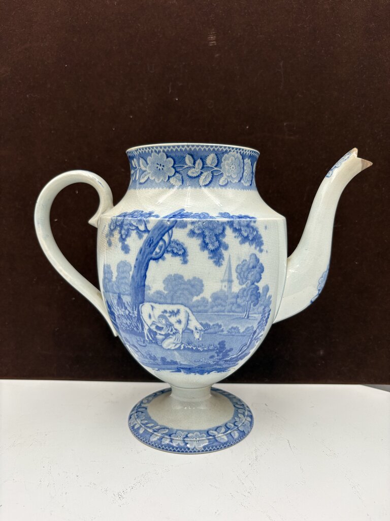 Early 19th C. Staffordshire Blue White Pastoral Scene Coffee Pot